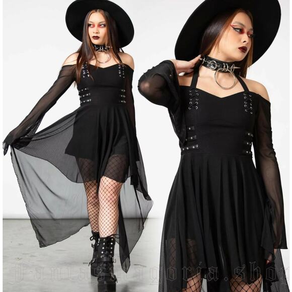 NEW Killstar Fire Dancer Dress Size XS Black Chiffon Corset Halter Goth Witch - Picture 1 of 9